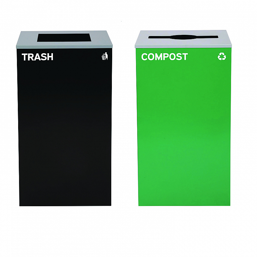 29 Gallon Trash/Recycling Cans, Steel, Green Compost Can with Mixed Lid, Black Trash Can with Square Lid (4450BLKKIT13)