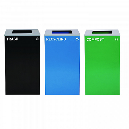 29 Gallon Trash/Recycling Cans, Steel, Blue Recycling Can, Green Compost Can, Black Trash Can with Square Lids (4450BLKKIT14)