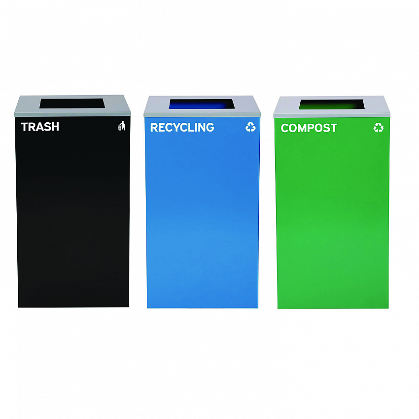 29 Gallon Trash/Recycling Cans, Steel, Blue Recycling Can, Green Compost Can, Black Trash Can with Square Lids (4450BLKKIT14)