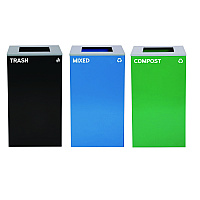 29 Gallon Trash/Recycling Cans, Steel, Blue Mixed Recycling Can, Green Compost Can, Black Trash Can with Square Lids (4450BLKKIT15)