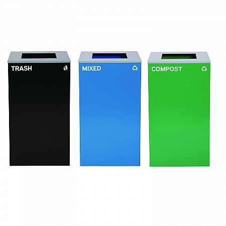 29 Gallon Trash/Recycling Cans, Steel, Blue Mixed Recycling Can, Green Compost Can, Black Trash Can with Square Lids (4450BLKKIT15)