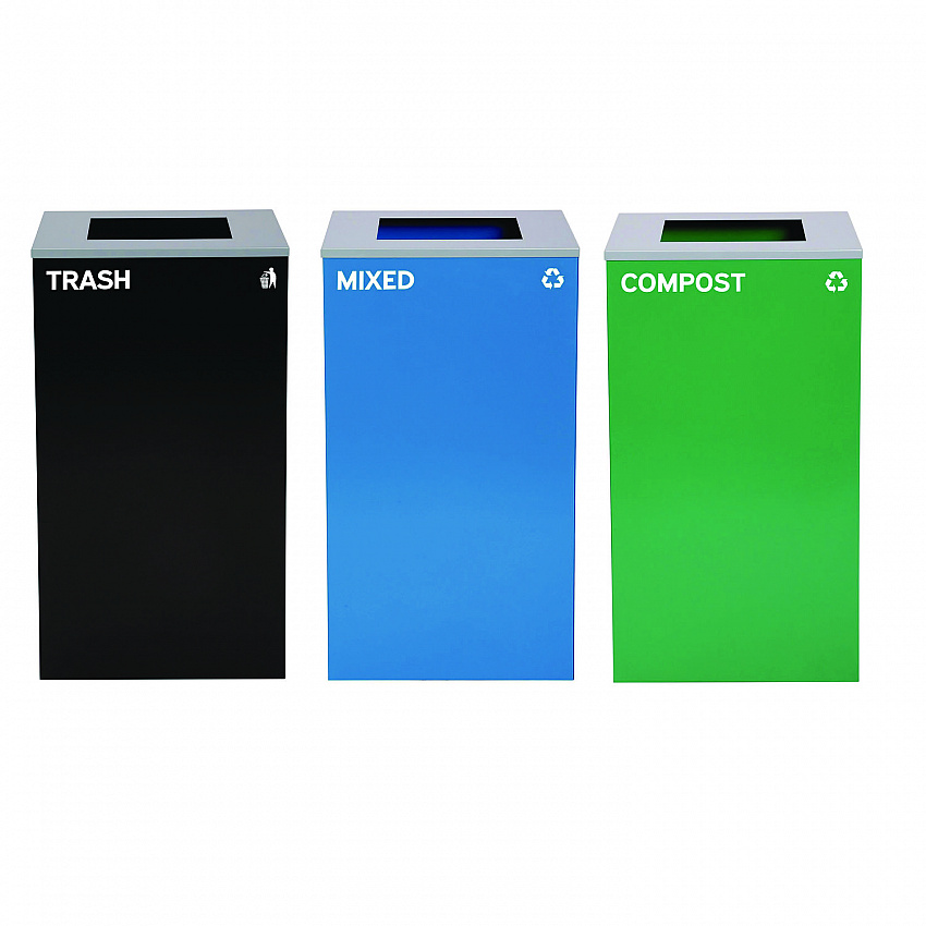 29 Gallon Trash/Recycling Cans, Steel, Blue Mixed Recycling Can, Green Compost Can, Black Trash Can with Square Lids (4450BLKKIT15)