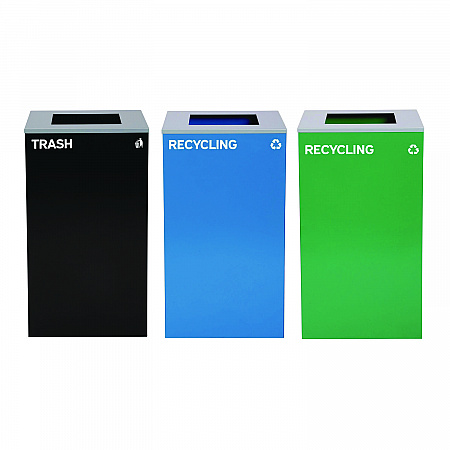 29 Gallon Trash/Recycling Cans, Steel, Blue Recycling Can, Green Recycling Can, Black Trash Can with Square Lids (4450BLKKIT17)