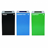29 Gallon Trash/Recycling Cans, Steel, Blue Cans/Bottles Recycling Can, Green Compost Can, Black Trash Can with Square Lids (4450BLKKIT16)