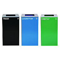 29 Gallon Trash/Recycling Cans, Steel, Blue Cans/Bottles Recycling Can, Green Compost Can, Black Trash Can with Square Lids (4450BLKKIT16)