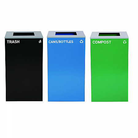 29 Gallon Trash/Recycling Cans, Steel, Blue Cans/Bottles Recycling Can, Green Compost Can, Black Trash Can with Square Lids (4450BLKKIT16)