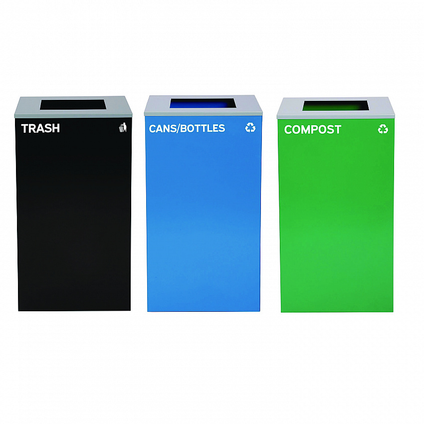 29 Gallon Trash/Recycling Cans, Steel, Blue Cans/Bottles Recycling Can, Green Compost Can, Black Trash Can with Square Lids (4450BLKKIT16)