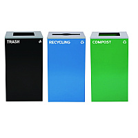 29 Gallon Trash/Recycling Cans, Steel, Blue Recycling Can/Mixed Lid, Green Compost Can and Black Trash Can with Square Lids (4450BLKKIT18)