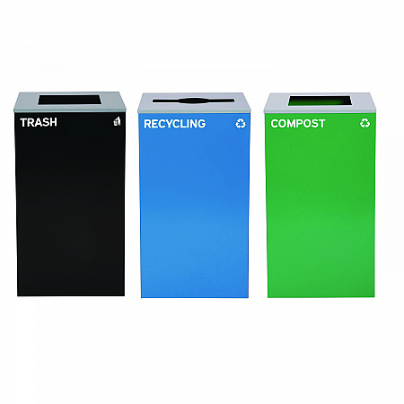 29 Gallon Trash/Recycling Cans, Steel, Blue Recycling Can/Mixed Lid, Green Compost Can and Black Trash Can with Square Lids (4450BLKKIT18)