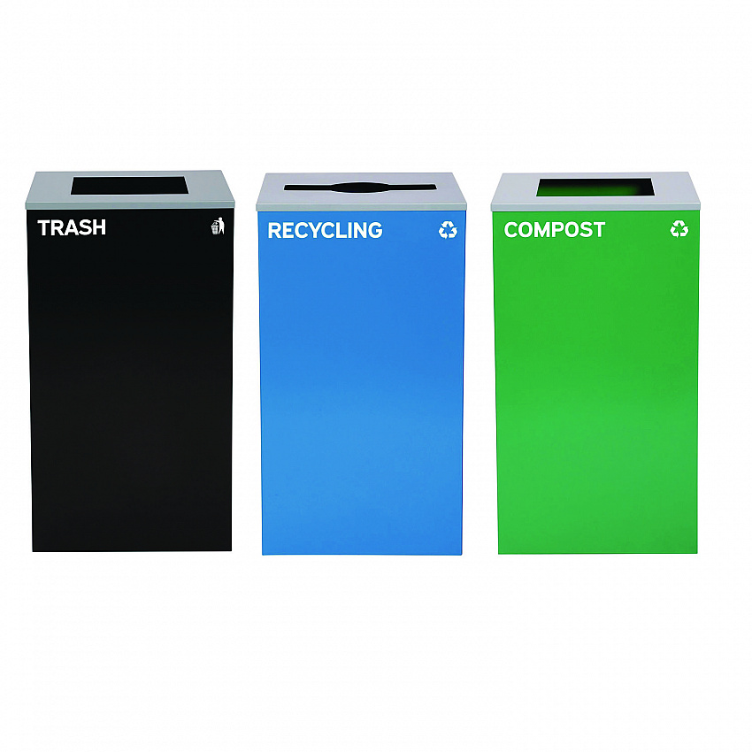 29 Gallon Trash/Recycling Cans, Steel, Blue Recycling Can/Mixed Lid, Green Compost Can and Black Trash Can with Square Lids (4450BLKKIT18)