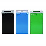 29 Gallon Trash/Recycling Cans, Steel, Blue Mixed Recycling Can w/Mixed Lid, Green Compost and Black Trash Cans w/Square Lids (4450BLKKIT19)