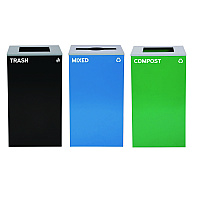 29 Gallon Trash/Recycling Cans, Steel, Blue Mixed Recycling Can w/Mixed Lid, Green Compost and Black Trash Cans w/Square Lids (4450BLKKIT19)