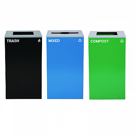 29 Gallon Trash/Recycling Cans, Steel, Blue Mixed Recycling Can w/Mixed Lid, Green Compost and Black Trash Cans w/Square Lids (4450BLKKIT19)