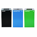 29 Gallon Trash/Recycling Cans, Steel, Blue Cans/Bottles Recycling Can w/Mixed Lid, Green Compost and Black Trash w/Sq Lid (4450BLKKIT20)