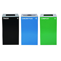29 Gallon Trash/Recycling Cans, Steel, Blue Cans/Bottles Recycling Can w/Mixed Lid, Green Compost and Black Trash w/Sq Lid (4450BLKKIT20)