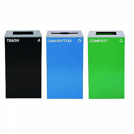 29 Gallon Trash/Recycling Cans, Steel, Blue Cans/Bottles Recycling Can w/Mixed Lid, Green Compost and Black Trash w/Sq Lid (4450BLKKIT20)