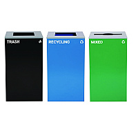 29 Gallon Trash/Recycling Cans, Steel, Blue Recycling and Black Trash Cans w/Square Lid, Green Mixed Recycling Can Mixed Lid (4450BLKKIT22)