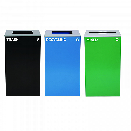 29 Gallon Trash/Recycling Cans, Steel, Blue Recycling and Black Trash Cans w/Square Lid, Green Mixed Recycling Can Mixed Lid (4450BLKKIT22)
