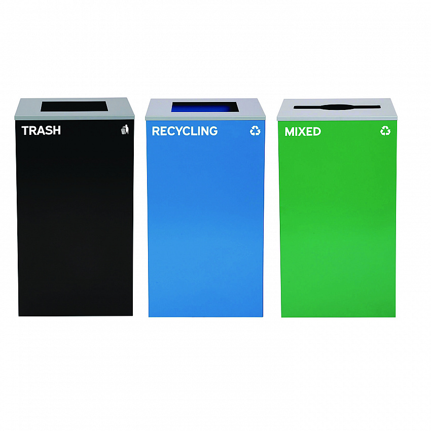 29 Gallon Trash/Recycling Cans, Steel, Blue Recycling and Black Trash Cans w/Square Lid, Green Mixed Recycling Can Mixed Lid (4450BLKKIT22)