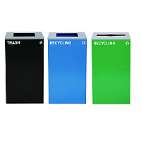29 Gallon Trash/Recycling Cans, Steel, Blue Recycling Can and Black Trash Can w/Sq Lid, Green Recycling Can with Mixed Lid (4450BLKKIT21)