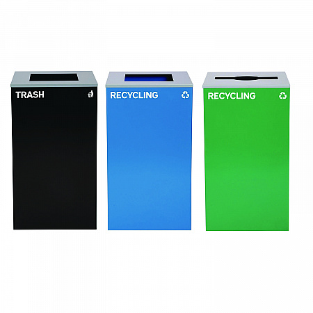 29 Gallon Trash/Recycling Cans, Steel, Blue Recycling Can and Black Trash Can w/Sq Lid, Green Recycling Can with Mixed Lid (4450BLKKIT21)