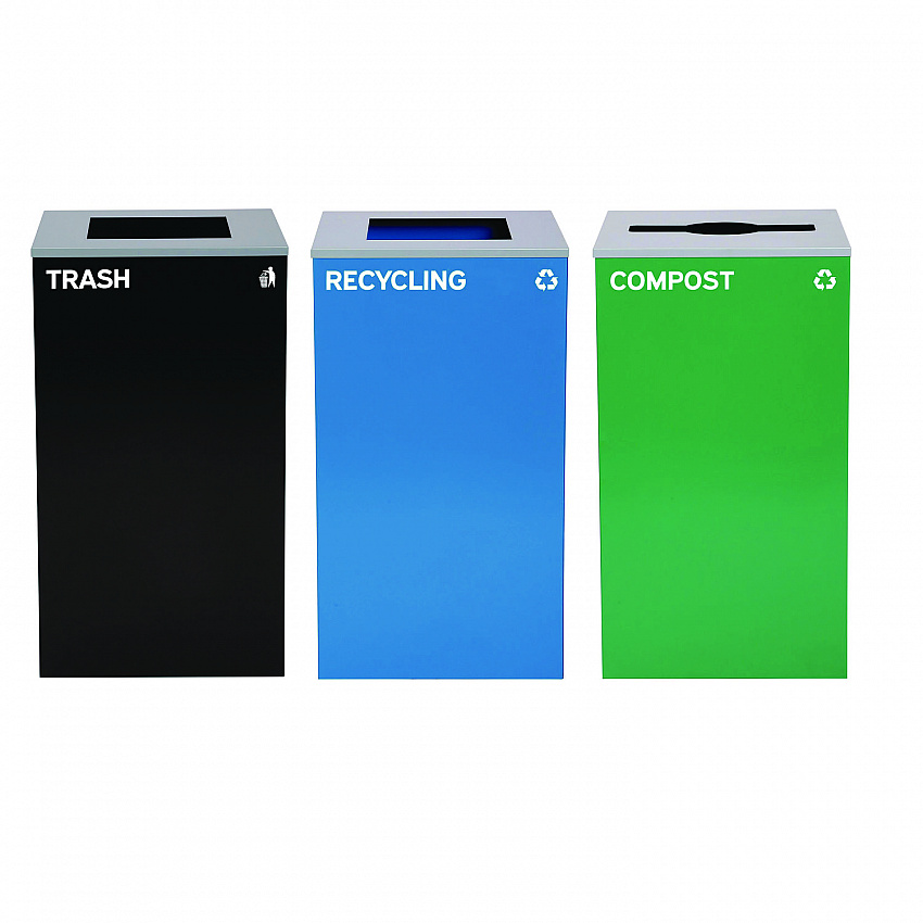 29 Gallon Trash/Recycling Cans, Steel, Blue Recycling Can and Black Trash Can w/Square Lids, Green Compost Can with Mixed Lid (4450BLKKIT23)