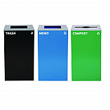 29 Gallon Trash/Recycling Cans, Steel, Blue Mixed Recycling and Black Trash Cans w/Square Lids, Green Compost Can w/Mixed Lid (4450BLKKIT24)