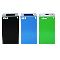 29 Gallon Trash/Recycling Cans, Steel, Blue Mixed Recycling and Black Trash Cans w/Square Lids, Green Compost Can w/Mixed Lid (4450BLKKIT24)