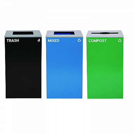 29 Gallon Trash/Recycling Cans, Steel, Blue Mixed Recycling and Black Trash Cans w/Square Lids, Green Compost Can w/Mixed Lid (4450BLKKIT24)