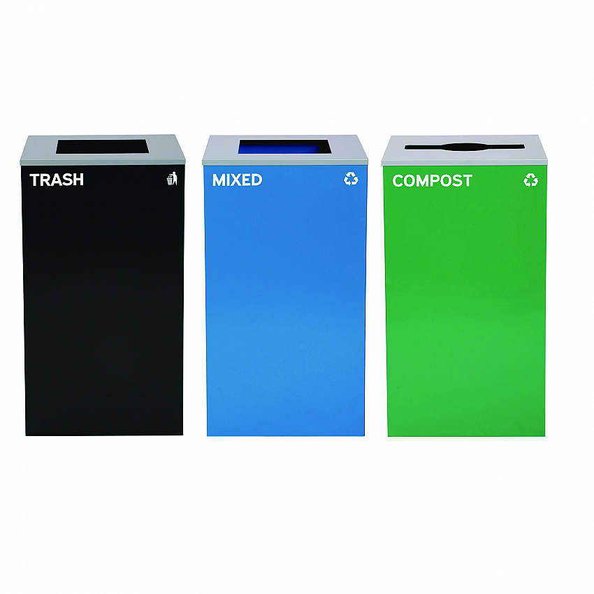 29 Gallon Trash/Recycling Cans, Steel, Blue Mixed Recycling and Black Trash Cans w/Square Lids, Green Compost Can w/Mixed Lid (4450BLKKIT24)