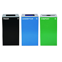 29 Gallon Trash/Recycling Cans, Steel, Blue Cans/Bottles Recycling and Black Trash Can w/Sq Lid, Green Compost Can Mixed Lid (4450BLKKIT25)