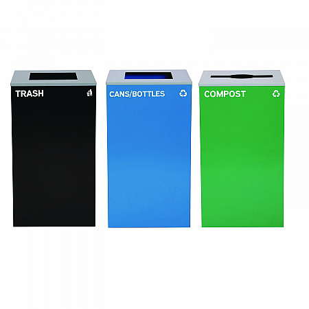 29 Gallon Trash/Recycling Cans, Steel, Blue Cans/Bottles Recycling and Black Trash Can w/Sq Lid, Green Compost Can Mixed Lid (4450BLKKIT25)