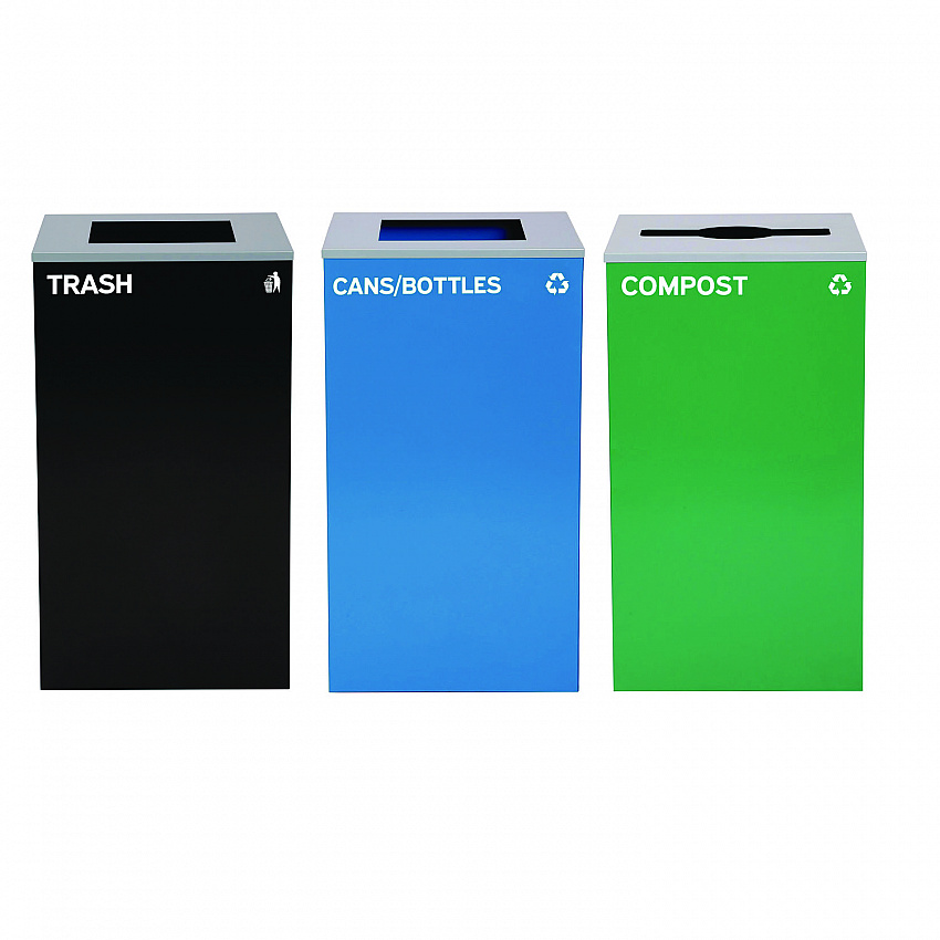 29 Gallon Trash/Recycling Cans, Steel, Blue Cans/Bottles Recycling and Black Trash Can w/Sq Lid, Green Compost Can Mixed Lid (4450BLKKIT25)