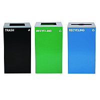 29 Gallon Trash/Recycling Cans, Steel, Blue Recycling Can w/Mixed Lid, Green Recycling Can and Black Trash Can with Sq Lid (4450BLKKIT26)