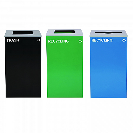29 Gallon Trash/Recycling Cans, Steel, Blue Recycling Can w/Mixed Lid, Green Recycling Can and Black Trash Can with Sq Lid (4450BLKKIT26)