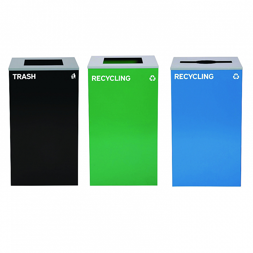 29 Gallon Trash/Recycling Cans, Steel, Blue Recycling Can w/Mixed Lid, Green Recycling Can and Black Trash Can with Sq Lid (4450BLKKIT26)