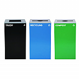 29 Gallon Trash/Recycling Cans, Steel, Blue Recycling Can and Green Compost Can w/Mixed Lids, Black Trash Can with Square Lid (4450BLKKIT27)