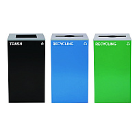 29 Gallon Trash/Recycling Cans, Steel, Blue Recycling Can and Green Recycling Can w/Mixed Lids, Black Trash Can w/Square Lid (4450BLKKIT30)