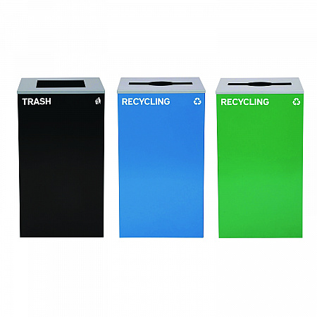 29 Gallon Trash/Recycling Cans, Steel, Blue Recycling Can and Green Recycling Can w/Mixed Lids, Black Trash Can w/Square Lid (4450BLKKIT30)