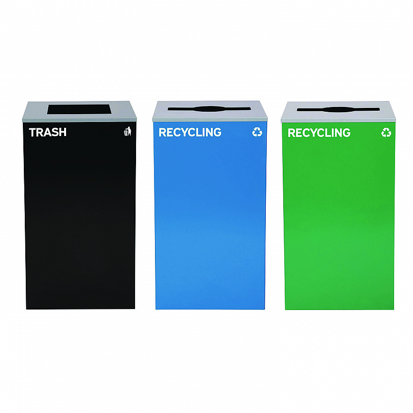 29 Gallon Trash/Recycling Cans, Steel, Blue Recycling Can and Green Recycling Can w/Mixed Lids, Black Trash Can w/Square Lid (4450BLKKIT30)