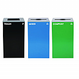 29 Gallon Trash/Recycling Cans, Steel, Blue Mixed Recycling and Green Compost Cans w/Mixed Lids, Black Trash Can w/Square Lid (4450BLKKIT28)
