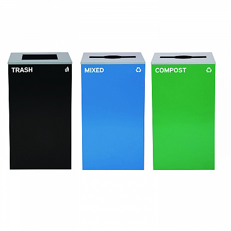 29 Gallon Trash/Recycling Cans, Steel, Blue Mixed Recycling and Green Compost Cans w/Mixed Lids, Black Trash Can w/Square Lid (4450BLKKIT28)