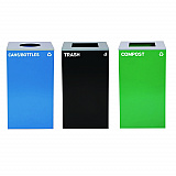 29 Gallon Trash/Recycling Cans, Steel, Blue Cans/Bottles with Circle Lid, Green Compost and Black Trash Cans with Square Lids (4450BLKKIT34)