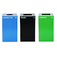 29 Gallon Trash/Recycling Cans, Steel, Blue Cans/Bottles with Circle Lid, Green Compost and Black Trash Cans with Square Lids (4450BLKKIT34)
