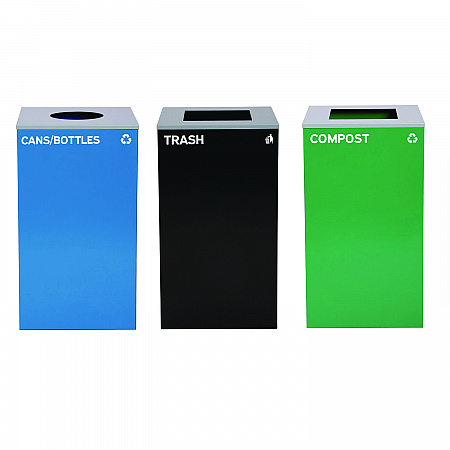 29 Gallon Trash/Recycling Cans, Steel, Blue Cans/Bottles with Circle Lid, Green Compost and Black Trash Cans with Square Lids (4450BLKKIT34)