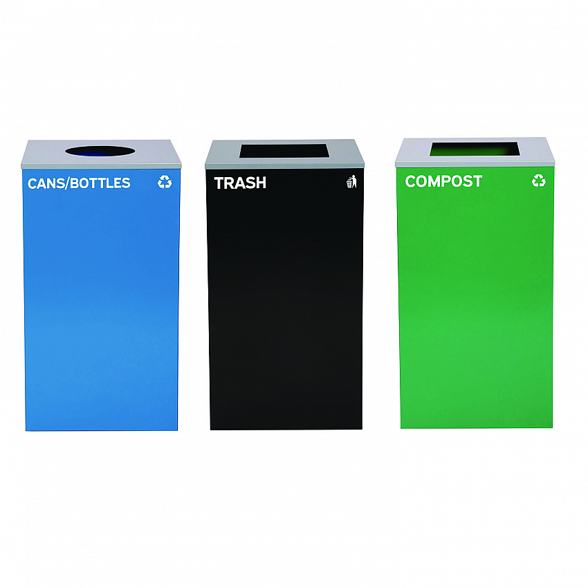 29 Gallon Trash/Recycling Cans, Steel, Blue Cans/Bottles with Circle Lid, Green Compost and Black Trash Cans with Square Lids (4450BLKKIT34)