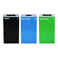 29 Gallon Trash/Recycling Cans, Steel, Blue Recycling Can w/Circle Lid, Green Recycling Can and Black Trash Can w/Square Lids (4450BLKKIT35)