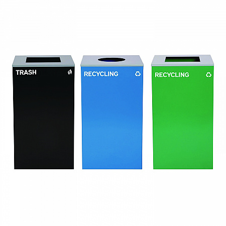 29 Gallon Trash/Recycling Cans, Steel, Blue Recycling Can w/Circle Lid, Green Recycling Can and Black Trash Can w/Square Lids (4450BLKKIT35)