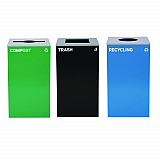 29 Gallon Trash/Recycling Cans, Steel, Blue Recycling Can w/Circle Lid, Green Compost w/Mixed Lid, Black Trash w/Square Lid (4450BLKKIT36)