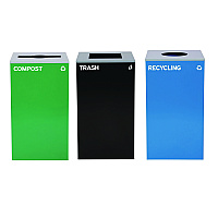 29 Gallon Trash/Recycling Cans, Steel, Blue Recycling Can w/Circle Lid, Green Compost w/Mixed Lid, Black Trash w/Square Lid (4450BLKKIT36)
